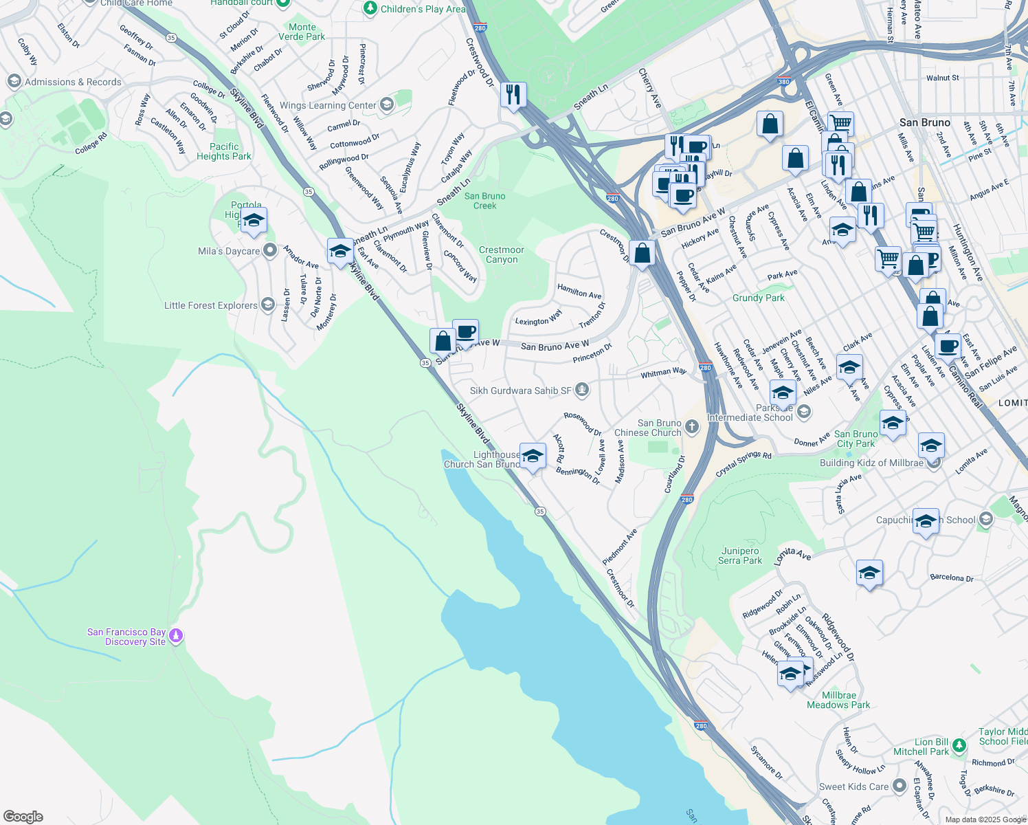 map of restaurants, bars, coffee shops, grocery stores, and more near 2641 Ridgeway Avenue in San Bruno