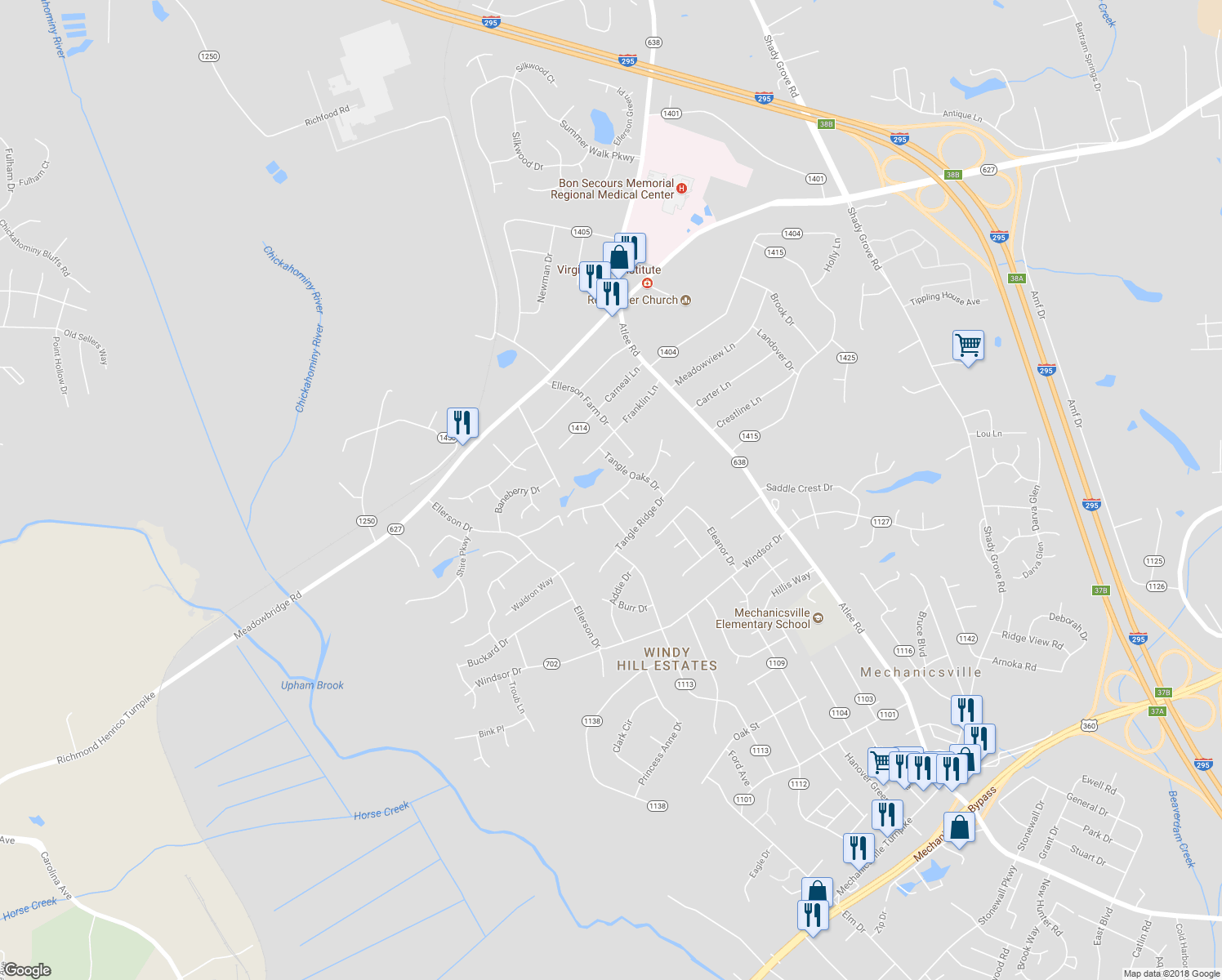 map of restaurants, bars, coffee shops, grocery stores, and more near 8276 Tangle Pond Lane in Mechanicsville