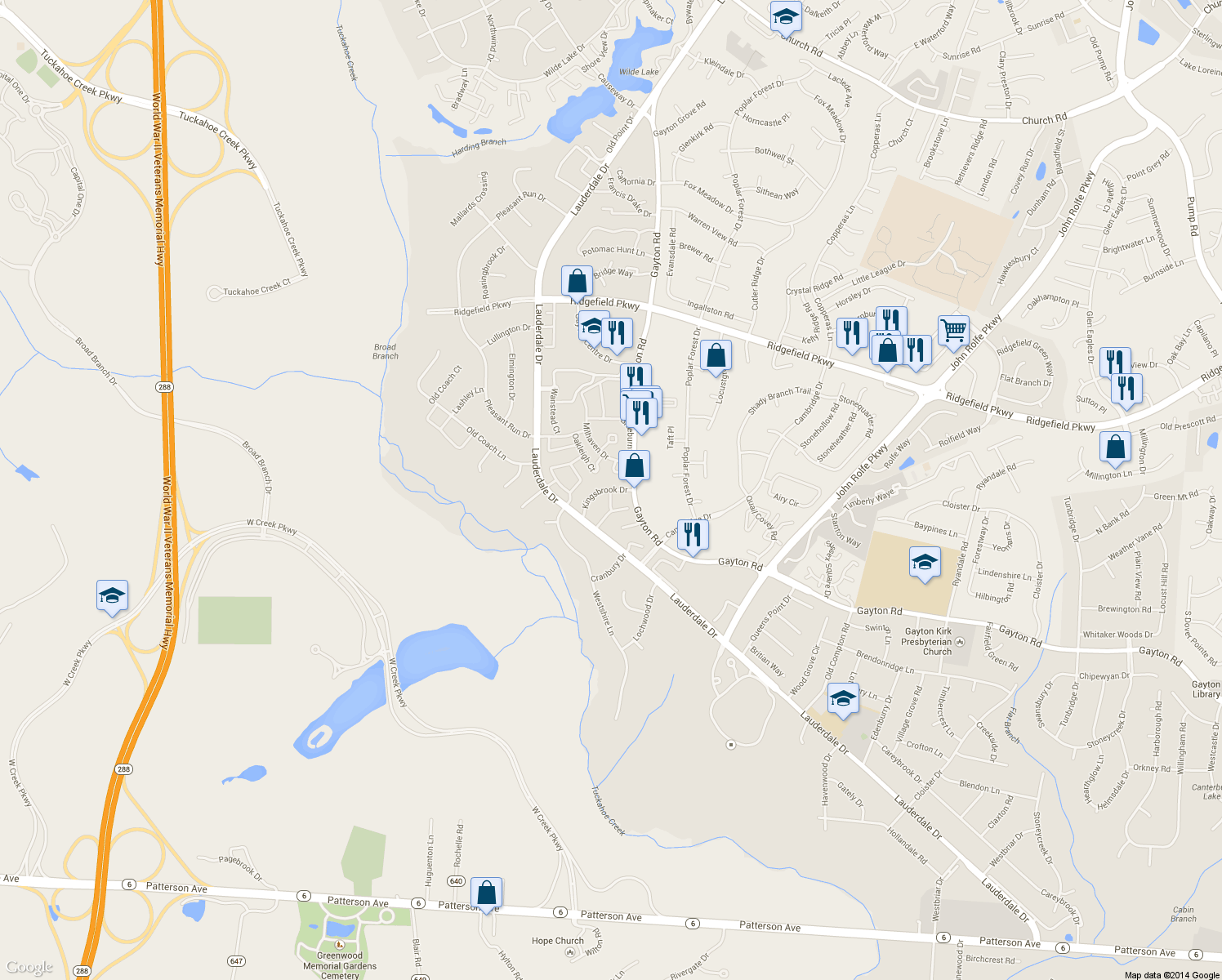 map of restaurants, bars, coffee shops, grocery stores, and more near 2248 Kingsbrook Drive in Henrico