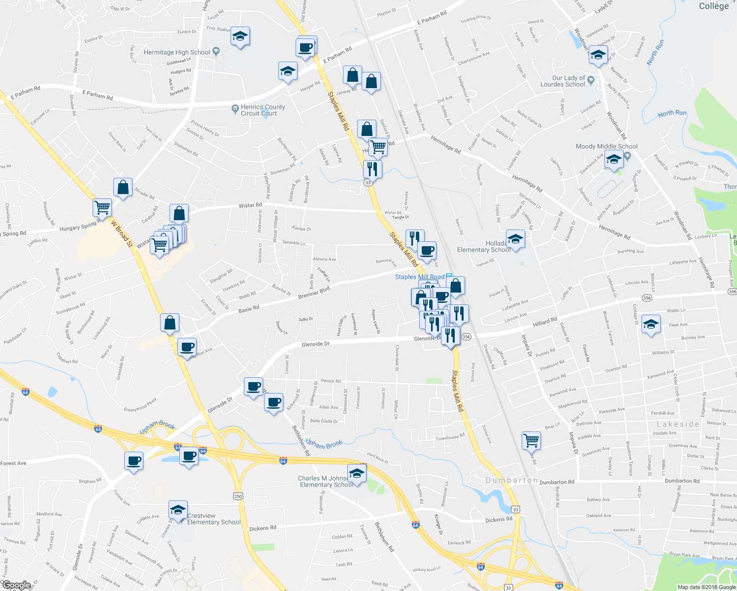 map of restaurants, bars, coffee shops, grocery stores, and more near 4110 Birch Point Court in Henrico