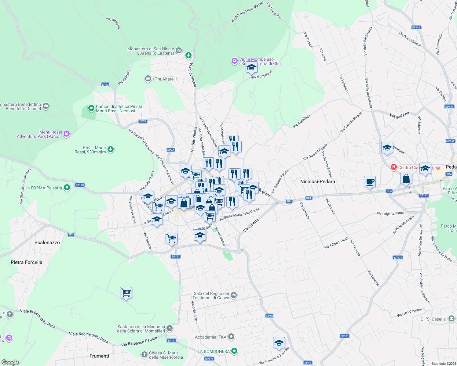 map of restaurants, bars, coffee shops, grocery stores, and more near Via della Regione in Nicolosi