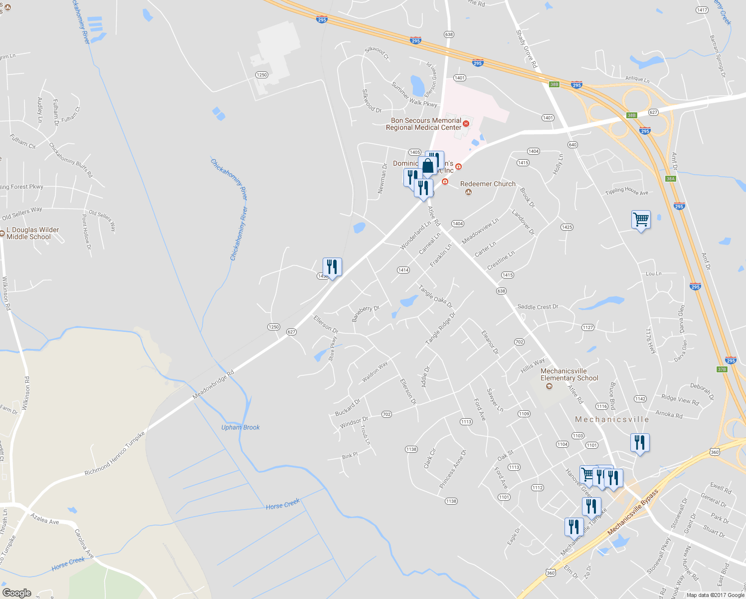map of restaurants, bars, coffee shops, grocery stores, and more near 8009 Mike Mundie Lane in Mechanicsville