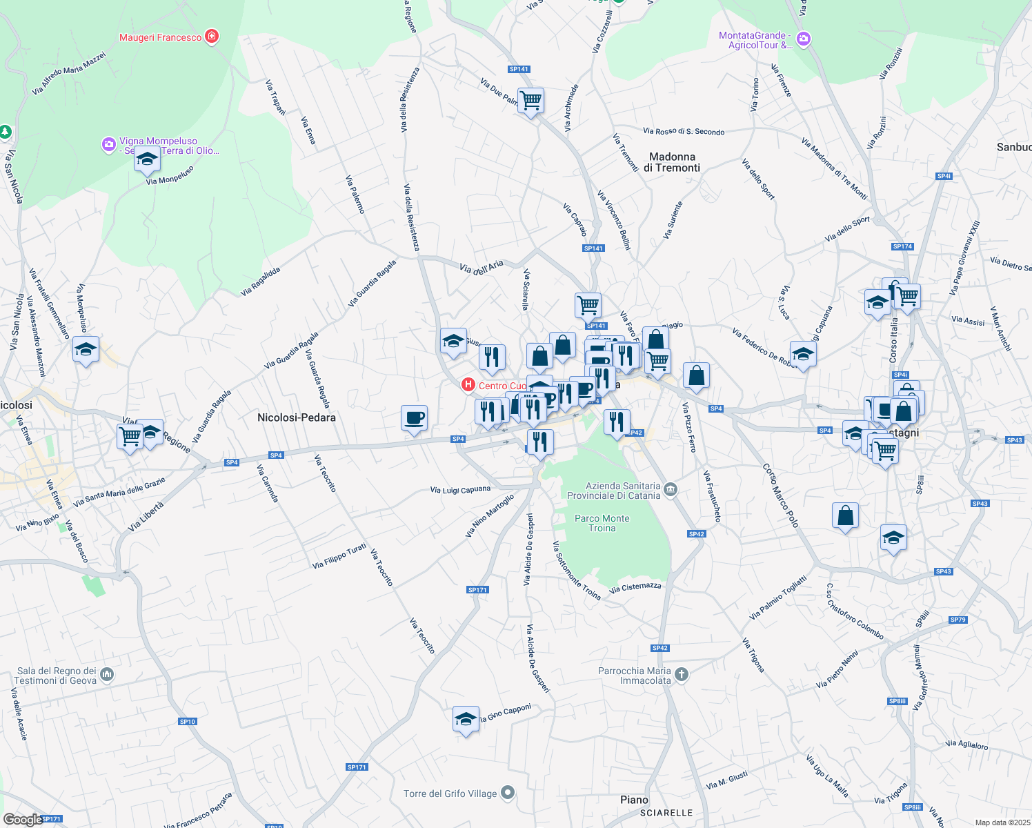 map of restaurants, bars, coffee shops, grocery stores, and more near 52 Via Perriera in Pedara