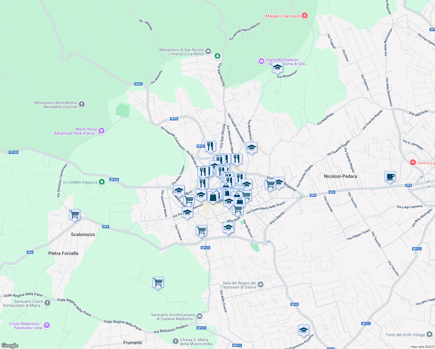 map of restaurants, bars, coffee shops, grocery stores, and more near 20 Viale della Regione in Nicolosi