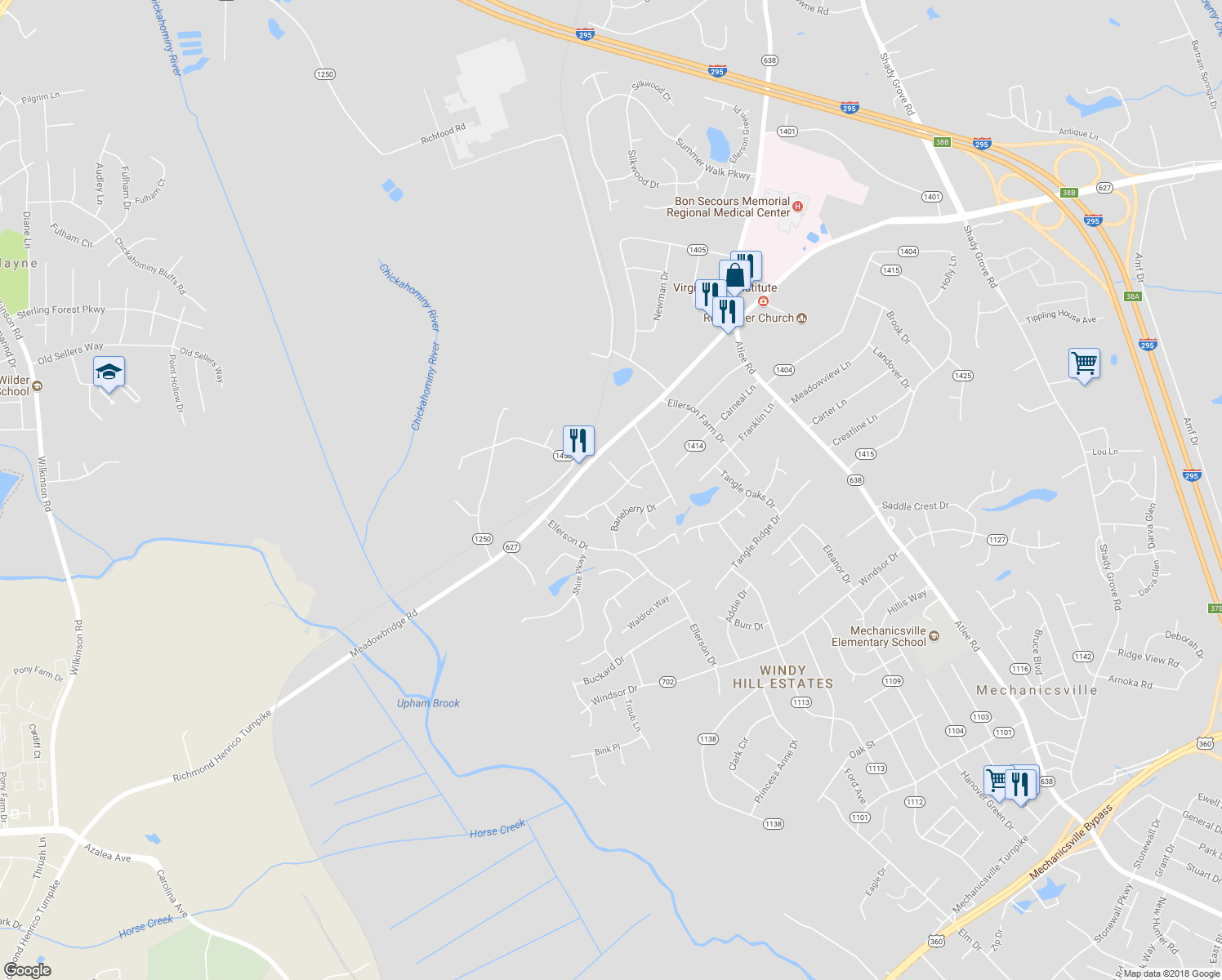 map of restaurants, bars, coffee shops, grocery stores, and more near 8366 Mary Mundie Lane in Mechanicsville