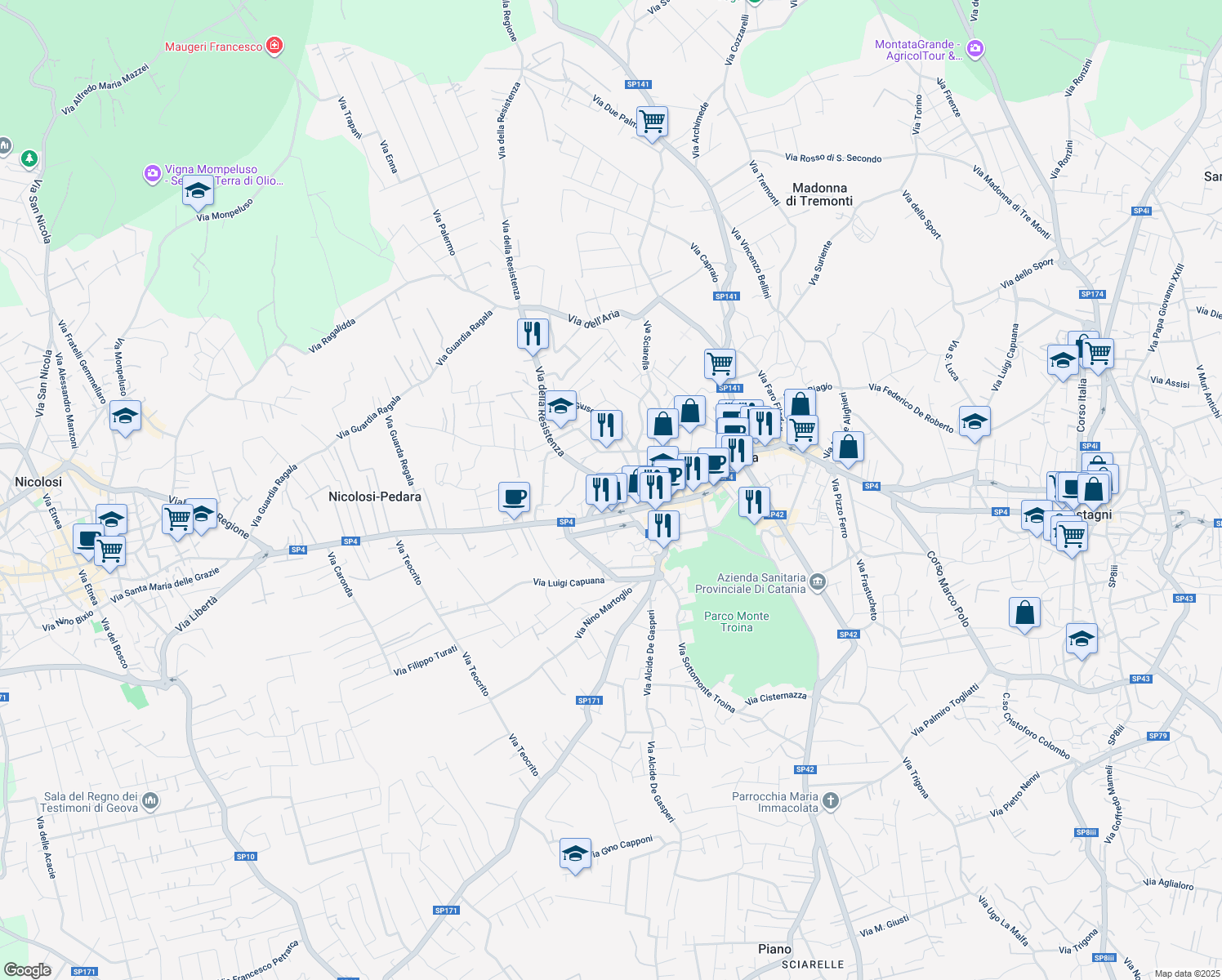 map of restaurants, bars, coffee shops, grocery stores, and more near 23 Via della Resistenza in Pedara