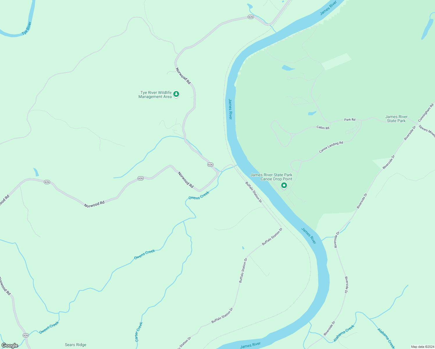 map of restaurants, bars, coffee shops, grocery stores, and more near Norwood Road in Nelson County