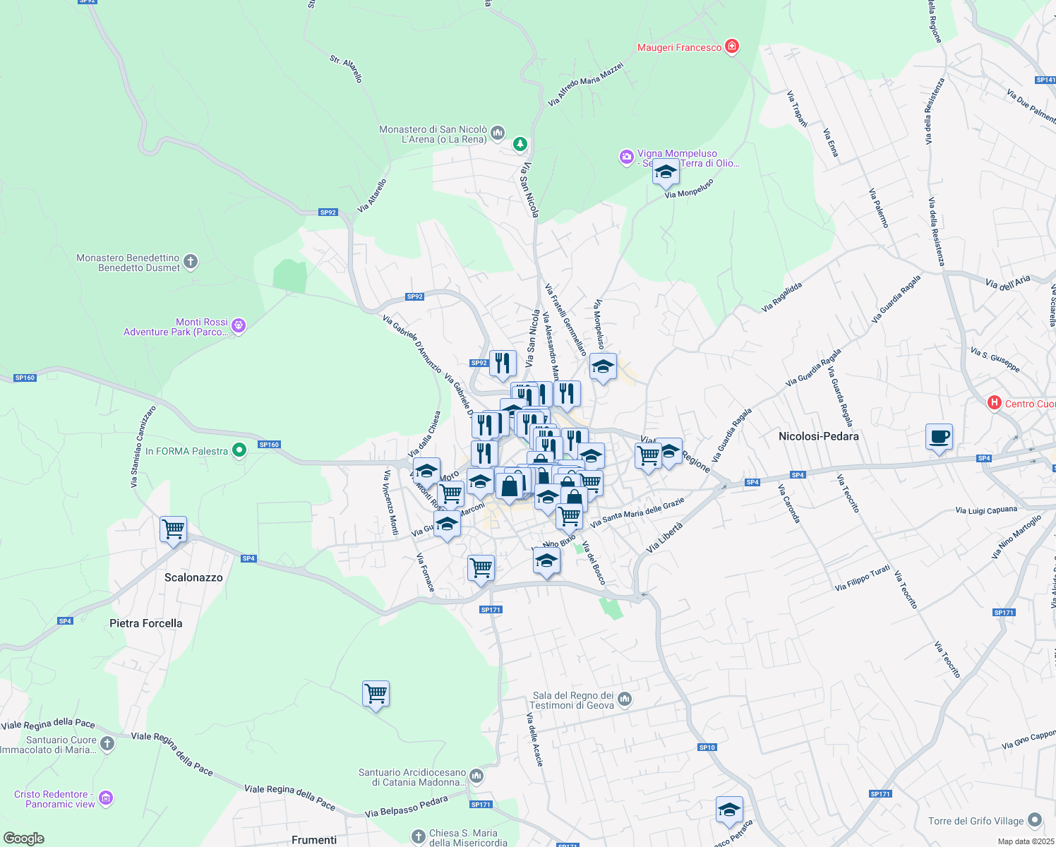 map of restaurants, bars, coffee shops, grocery stores, and more near 20 Viale della Regione in Nicolosi