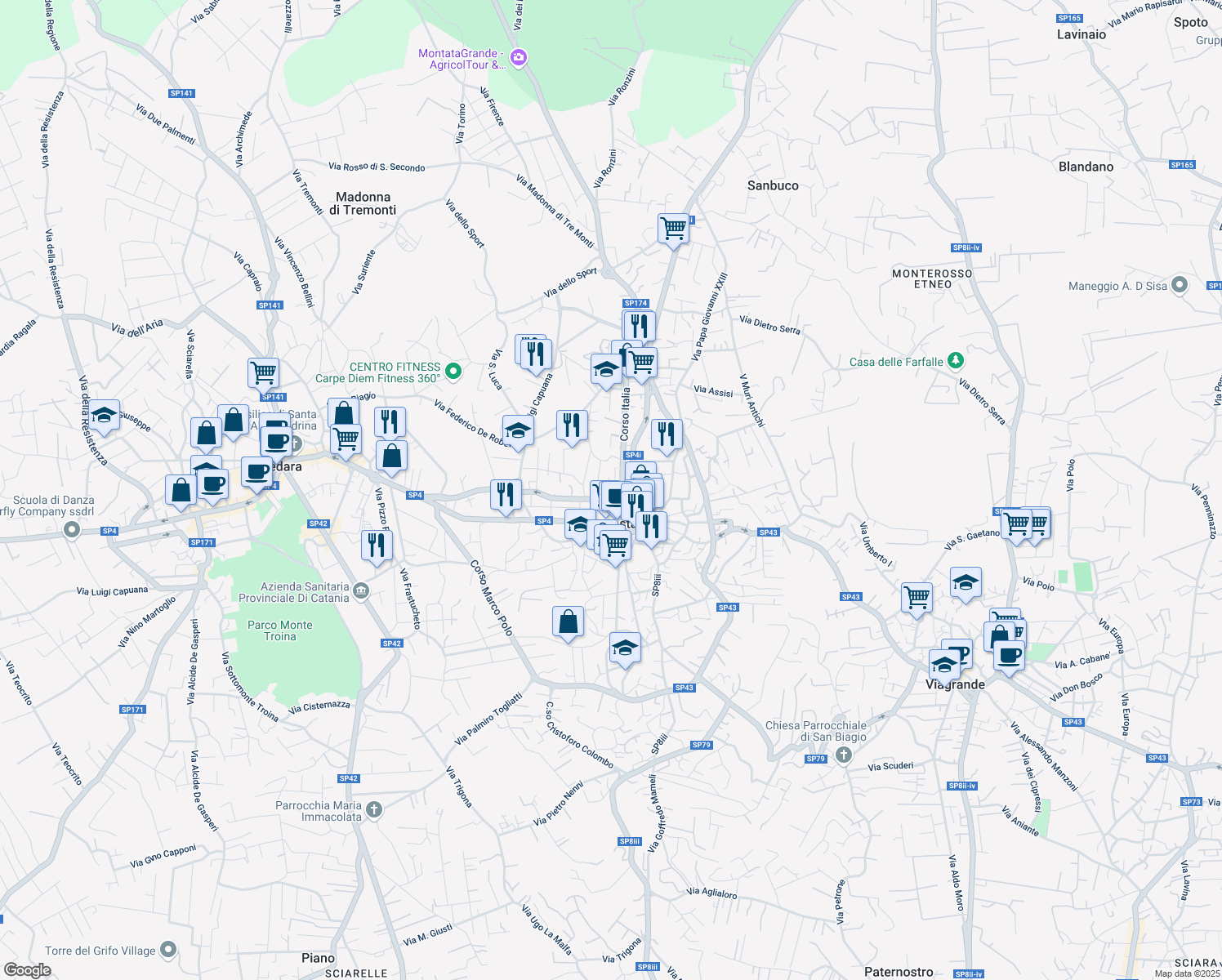 map of restaurants, bars, coffee shops, grocery stores, and more near 45 Piazza Aldo Moro in Trecastagni