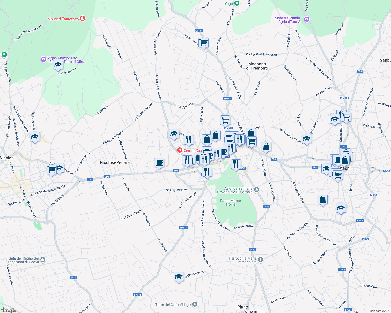 map of restaurants, bars, coffee shops, grocery stores, and more near 52 Via Perriera in Pedara