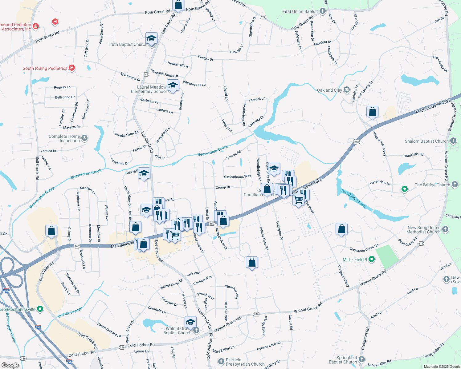 map of restaurants, bars, coffee shops, grocery stores, and more near 6766 Crump Drive in Mechanicsville