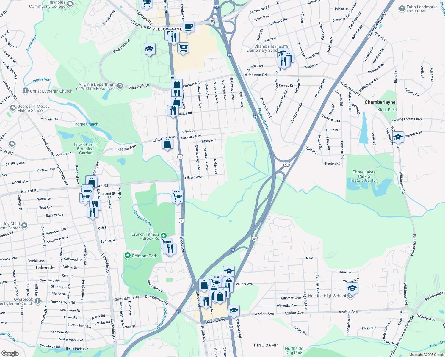 map of restaurants, bars, coffee shops, grocery stores, and more near 5424 Moss Side Avenue in Richmond
