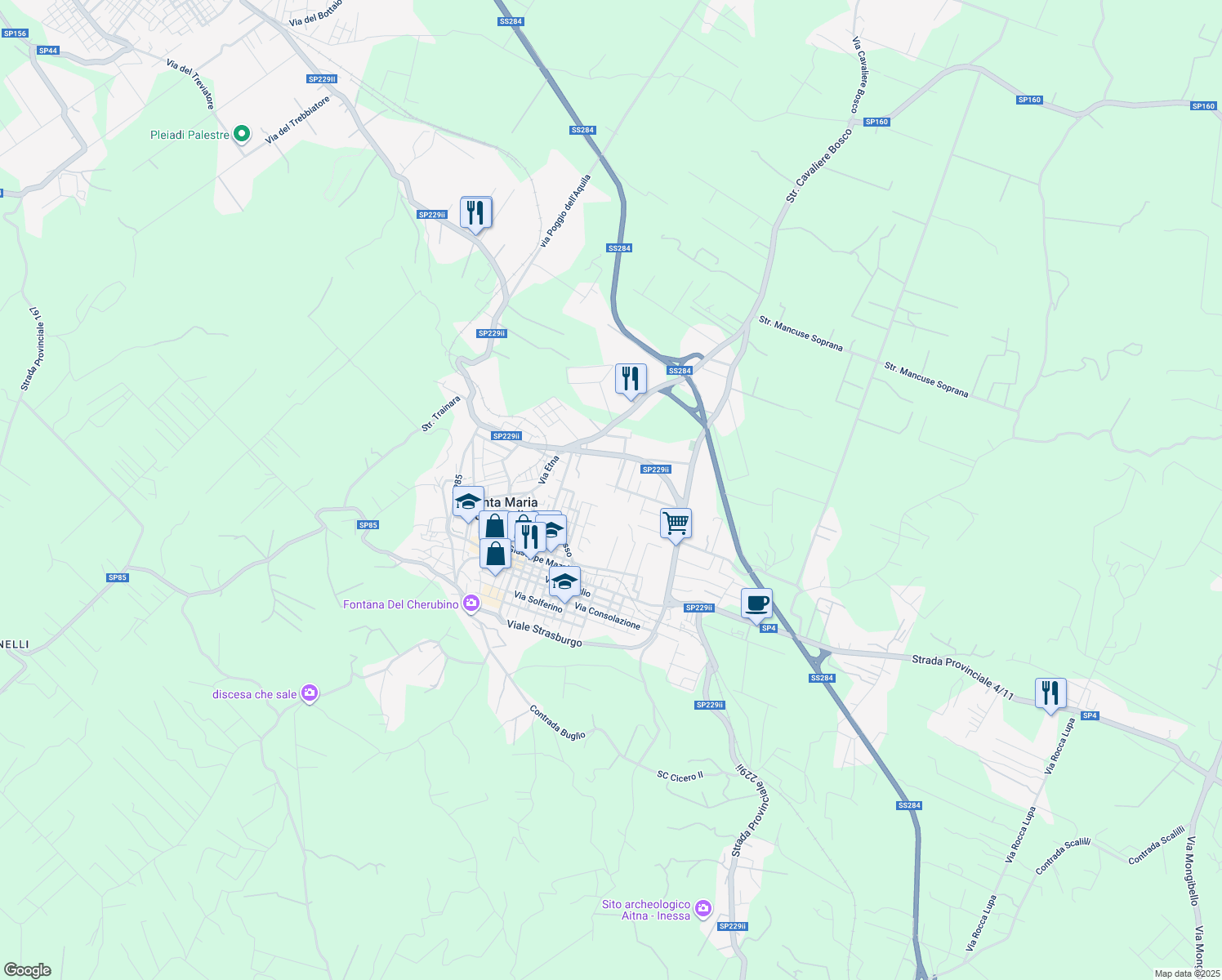 map of restaurants, bars, coffee shops, grocery stores, and more near Via Caduti di Fani in Province of Catania