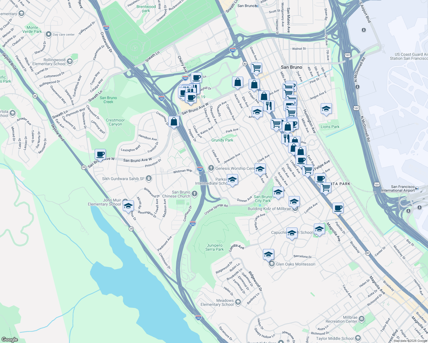 map of restaurants, bars, coffee shops, grocery stores, and more near 486 Hawthorne Avenue in San Bruno