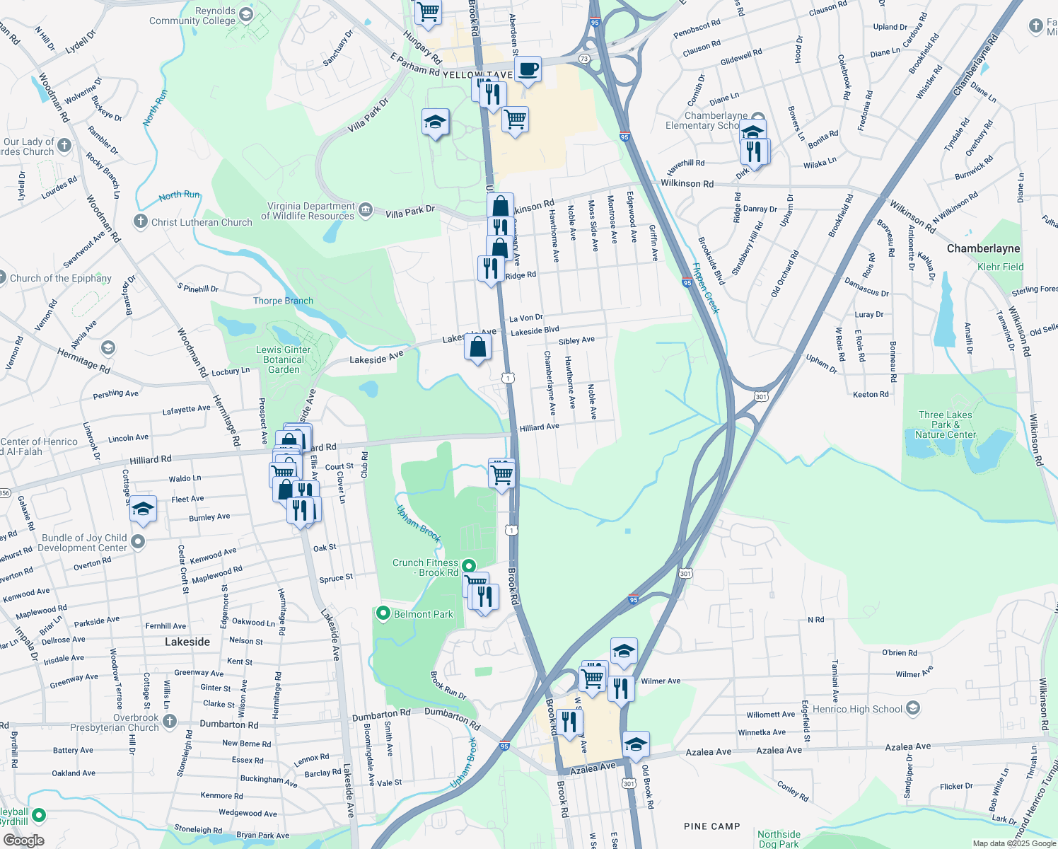 map of restaurants, bars, coffee shops, grocery stores, and more near 5500 Seminary Avenue in Richmond