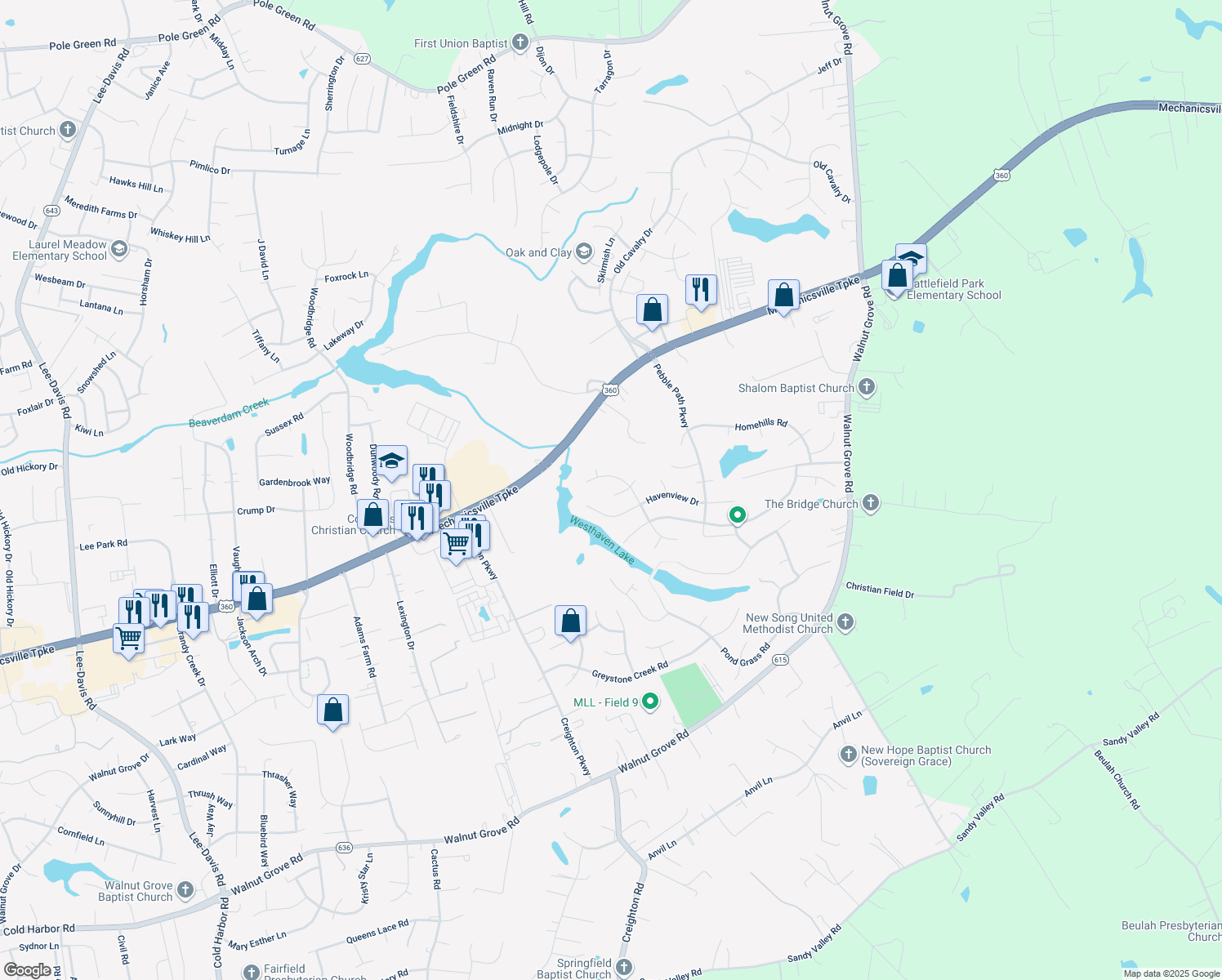 map of restaurants, bars, coffee shops, grocery stores, and more near 6118 Shady Woods Lane in Mechanicsville