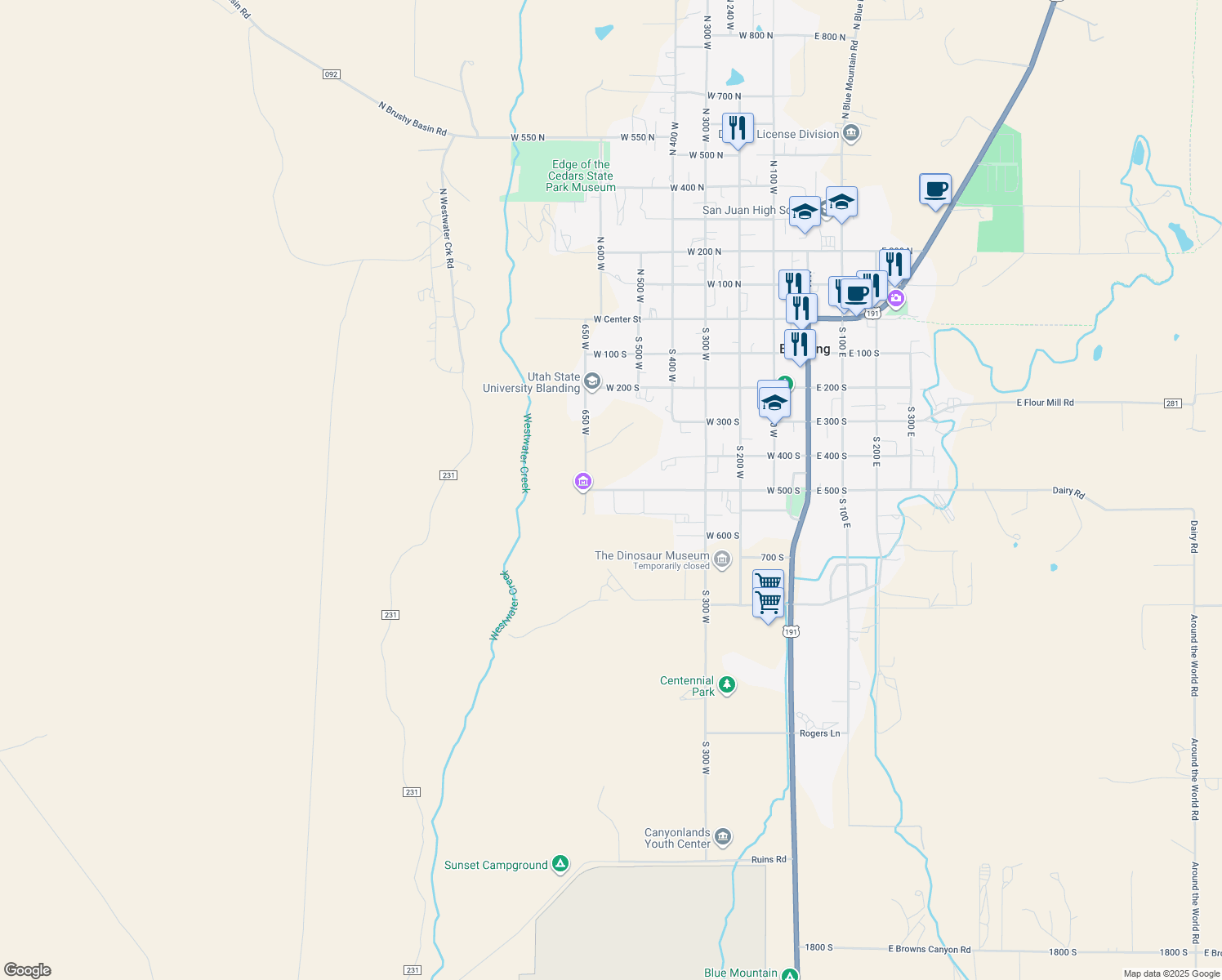 map of restaurants, bars, coffee shops, grocery stores, and more near 378 West 500 South in Blanding
