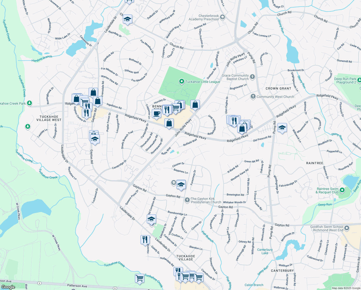 map of restaurants, bars, coffee shops, grocery stores, and more near 10801 Colonist Drive in Henrico