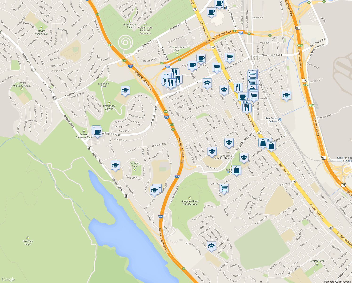 map of restaurants, bars, coffee shops, grocery stores, and more near 2140 Shelter Creek Ln in San Bruno