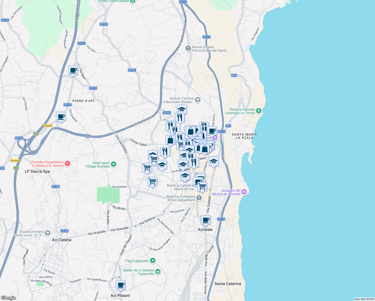 map of restaurants, bars, coffee shops, grocery stores, and more near 14 Via Cap. Francesco Martinez in Acireale