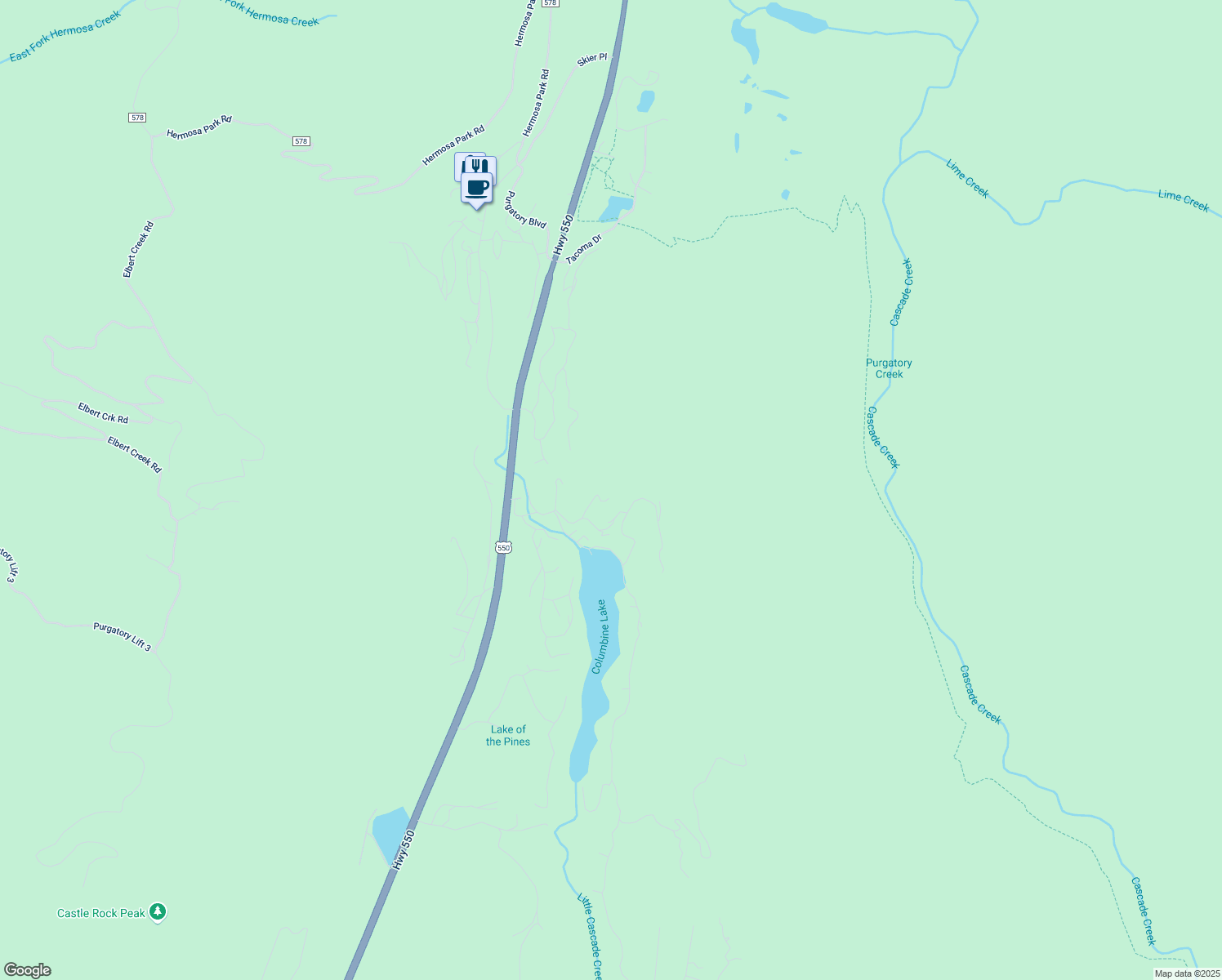 map of restaurants, bars, coffee shops, grocery stores, and more near 261 Deer Trail in Durango