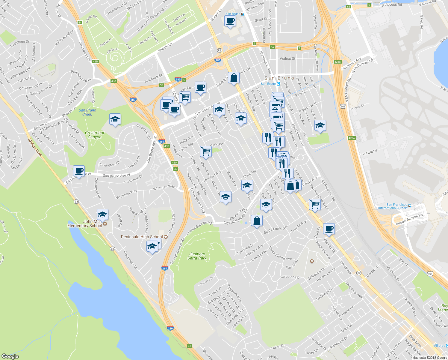 map of restaurants, bars, coffee shops, grocery stores, and more near 473 Chestnut Avenue in San Bruno