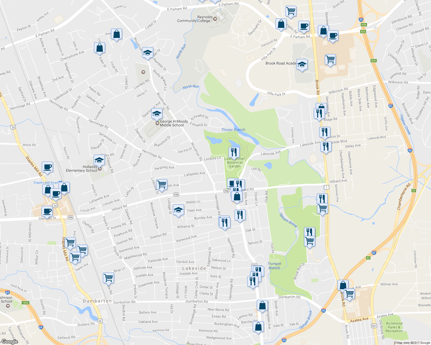 map of restaurants, bars, coffee shops, grocery stores, and more near 2108 Davenport Avenue in Richmond