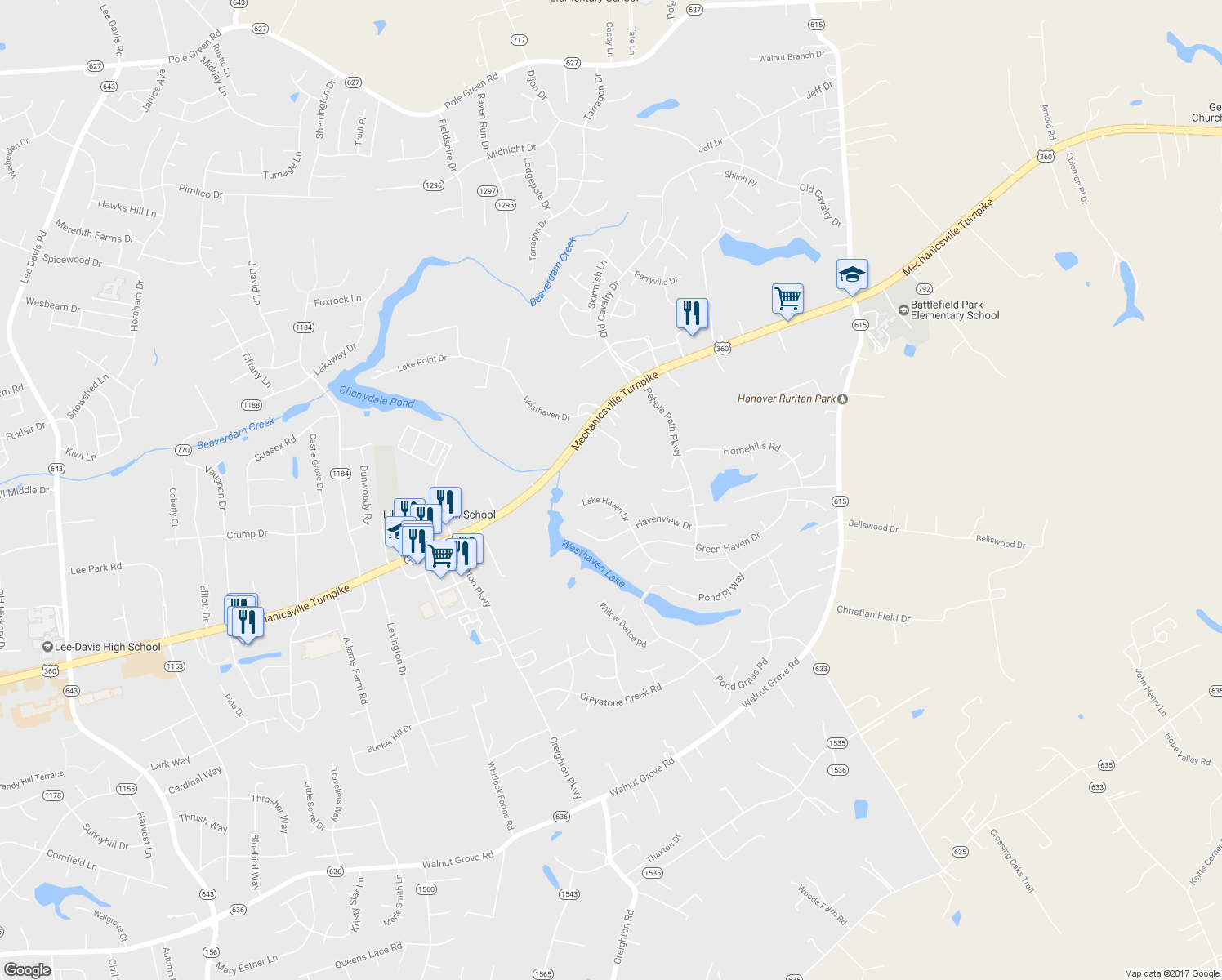 map of restaurants, bars, coffee shops, grocery stores, and more near 8054 Lake Haven Drive in Mechanicsville