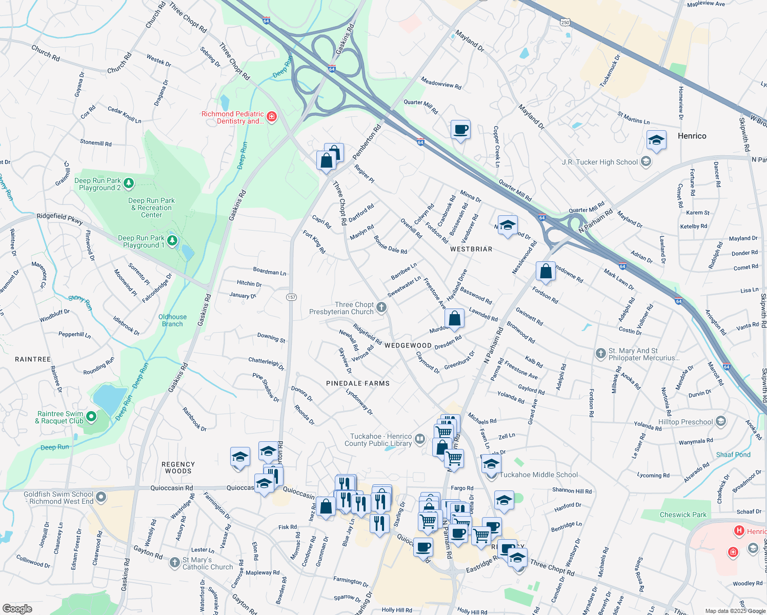 map of restaurants, bars, coffee shops, grocery stores, and more near 9324 Three Chopt Road in Henrico
