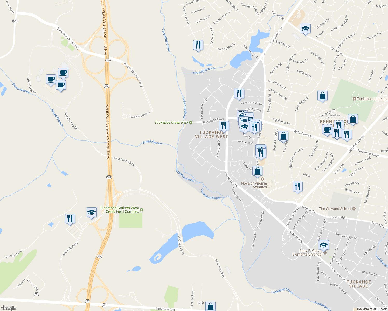 map of restaurants, bars, coffee shops, grocery stores, and more near 2207 Ashcreek Drive in Richmond
