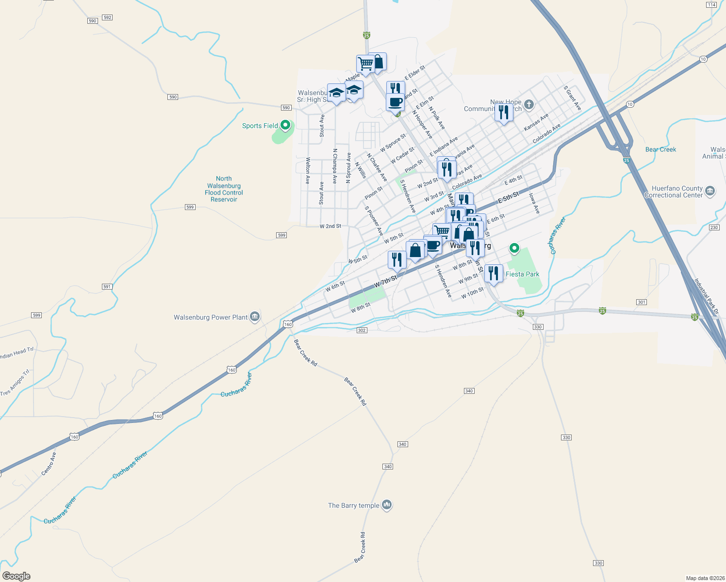 map of restaurants, bars, coffee shops, grocery stores, and more near 699 West 7th Street in Walsenburg