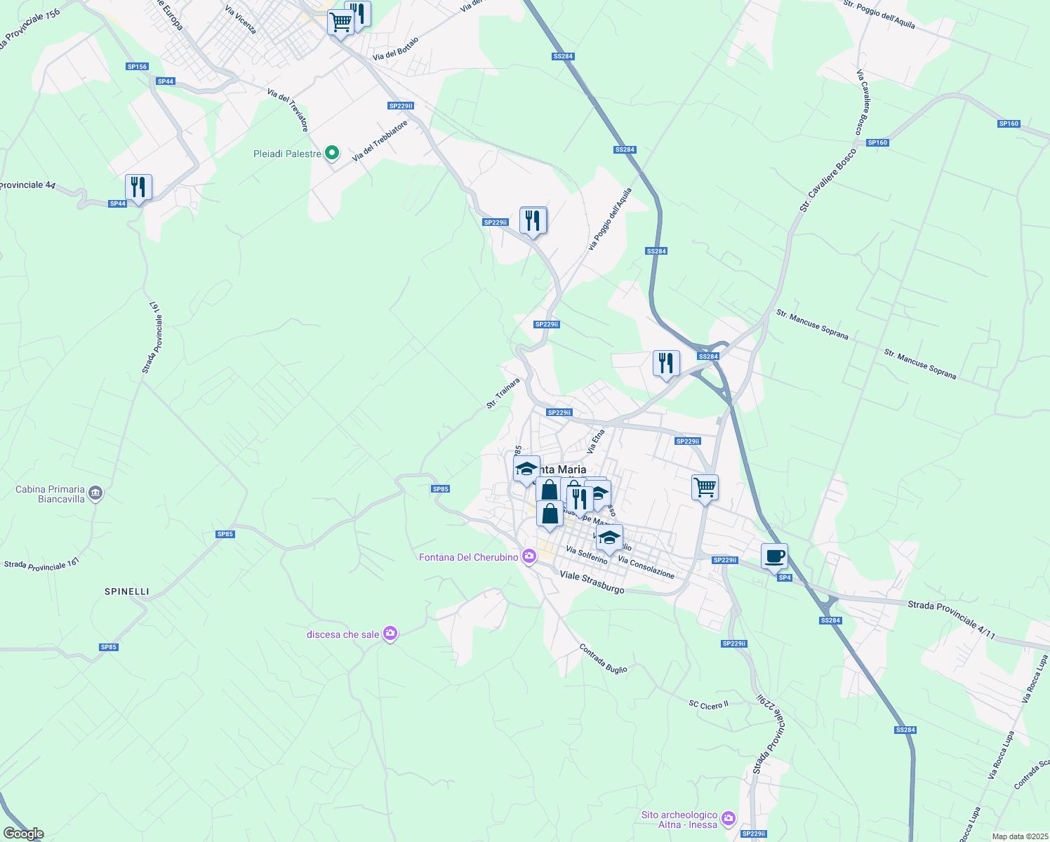 map of restaurants, bars, coffee shops, grocery stores, and more near 382 Via Vittorio Emanuele in Santa Maria di Licodia