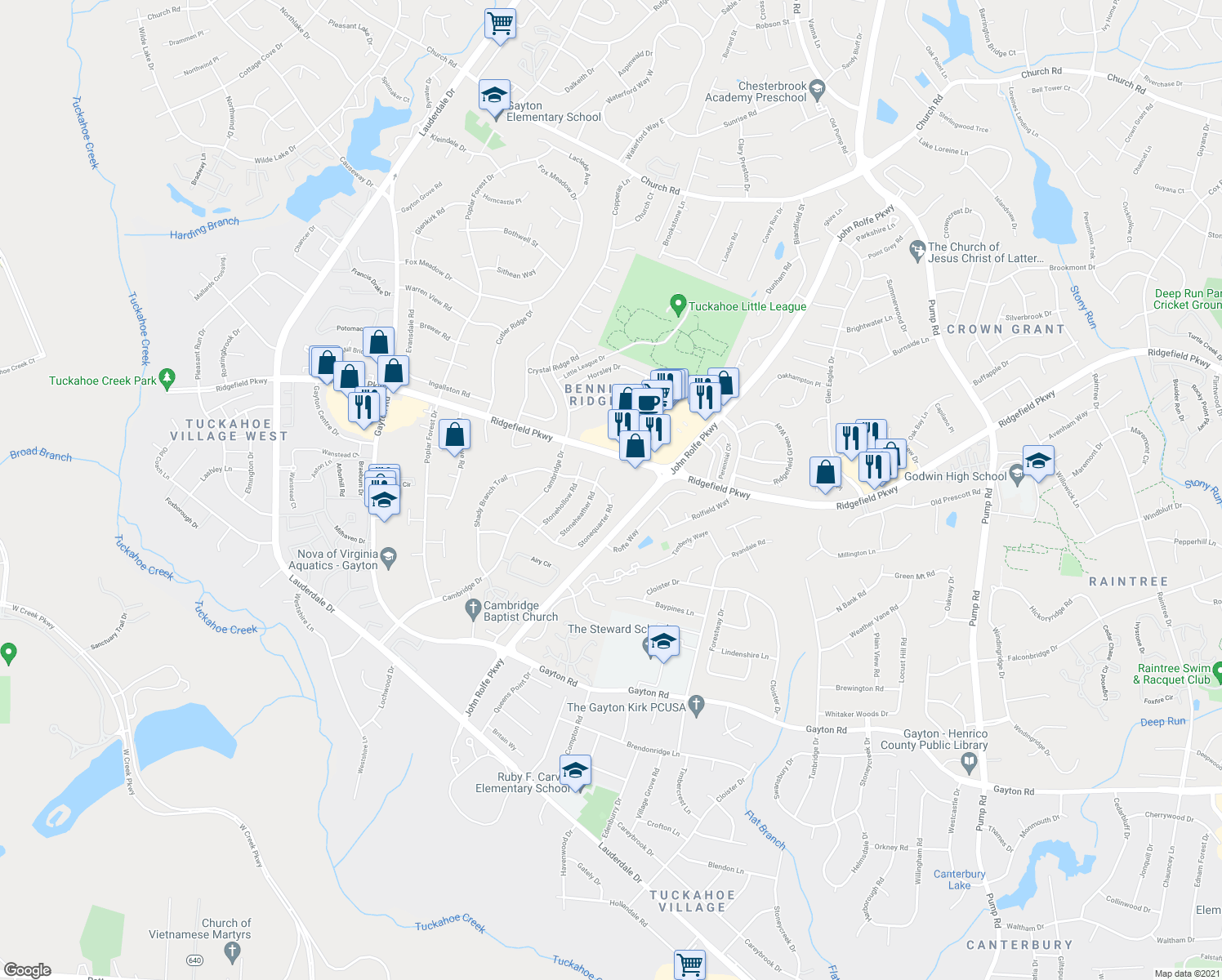 map of restaurants, bars, coffee shops, grocery stores, and more near 2100 Stonequarter Court in Henrico