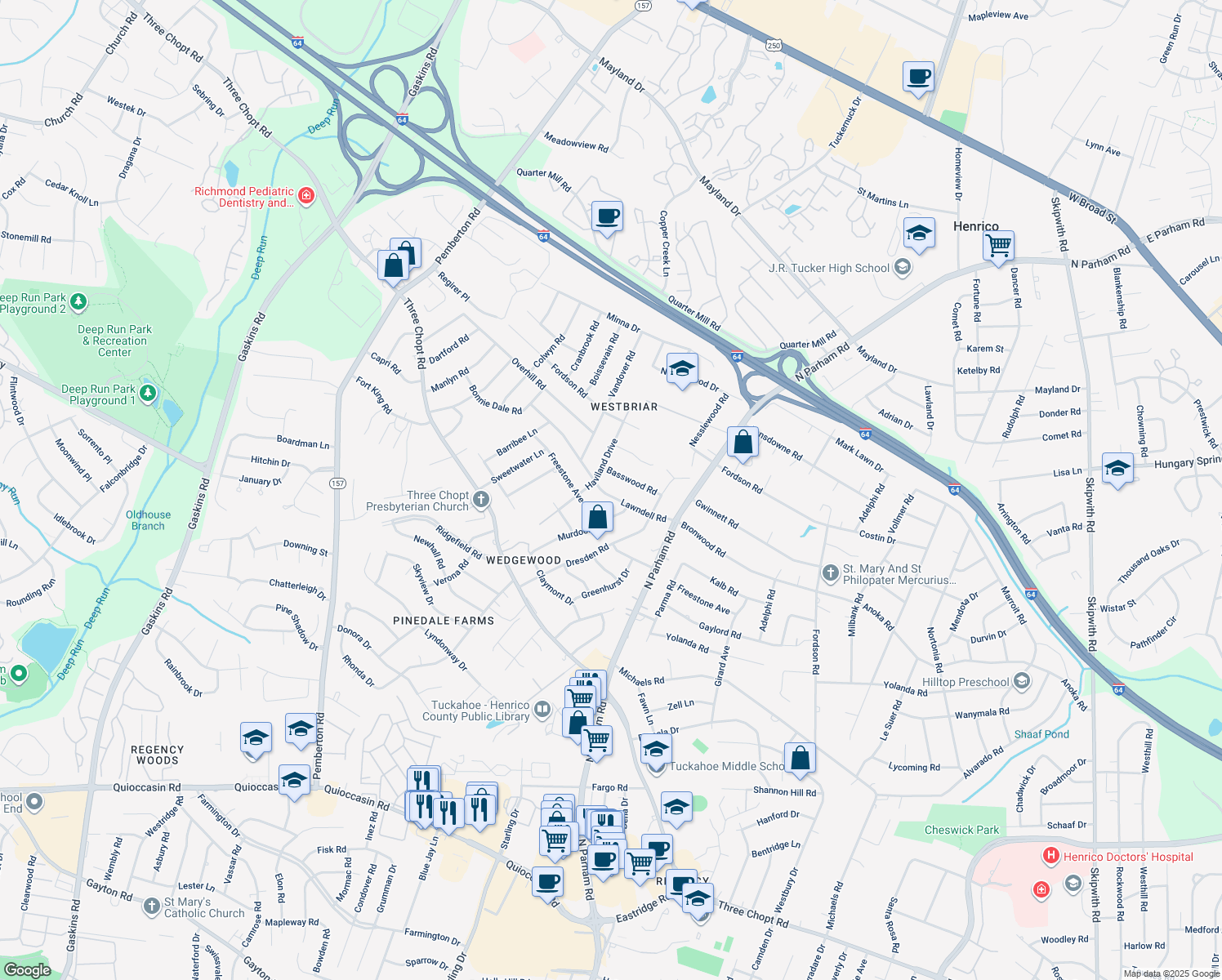 map of restaurants, bars, coffee shops, grocery stores, and more near 8806 Lawndell Road in Richmond