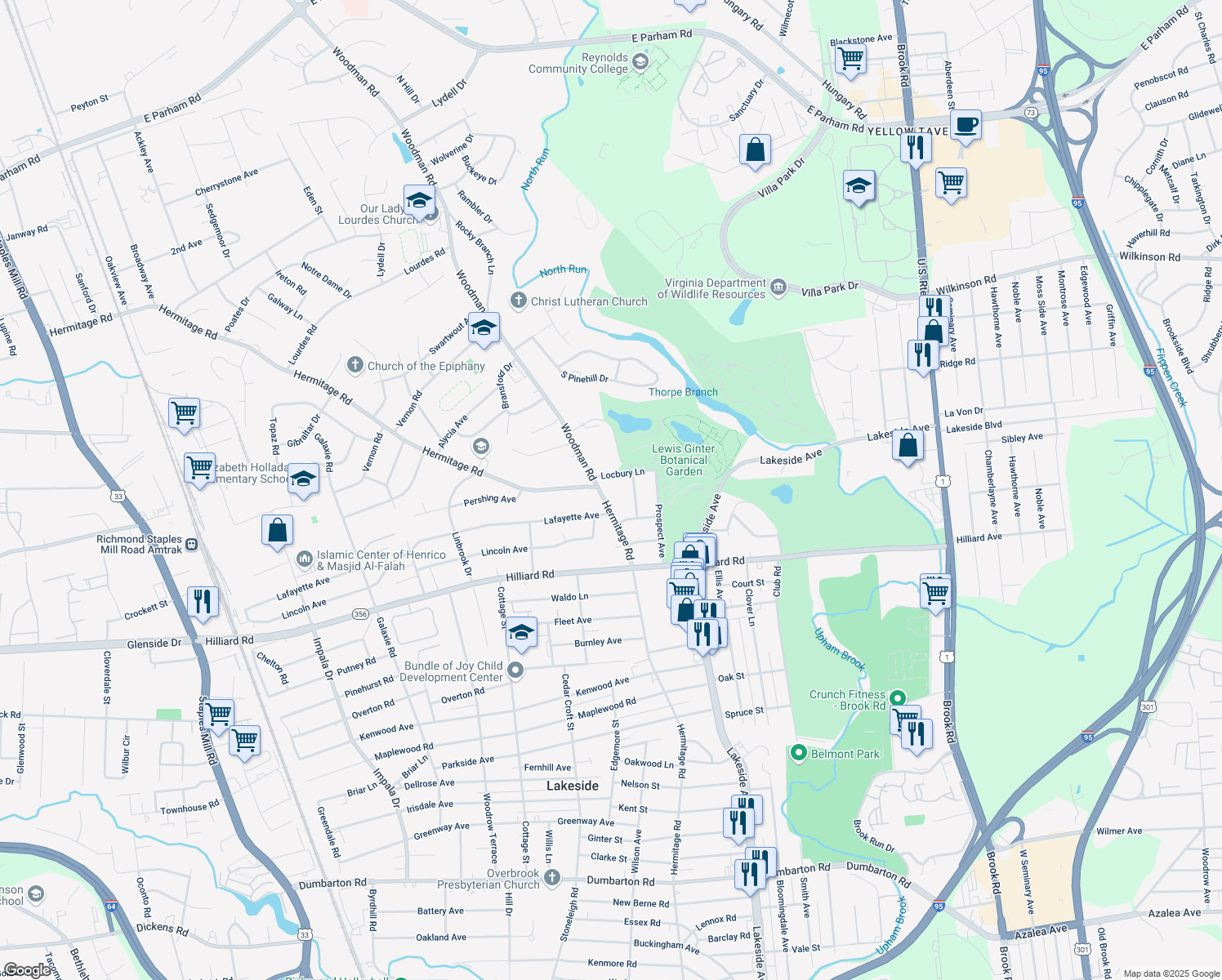 map of restaurants, bars, coffee shops, grocery stores, and more near 7215 Hermitage Rd in Richmond
