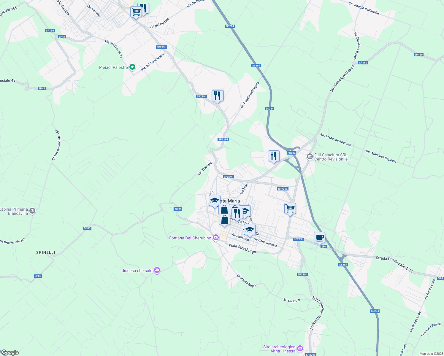 map of restaurants, bars, coffee shops, grocery stores, and more near 10 Via dello Stadio in Santa Maria di Licodia