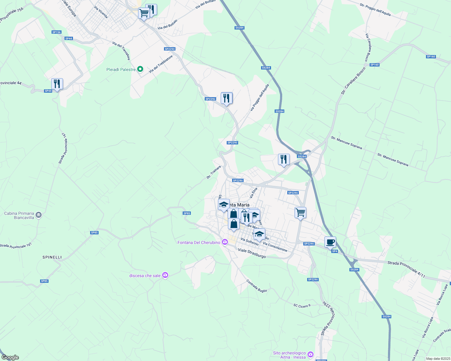 map of restaurants, bars, coffee shops, grocery stores, and more near 382 Via Vittorio Emanuele in Santa Maria di Licodia