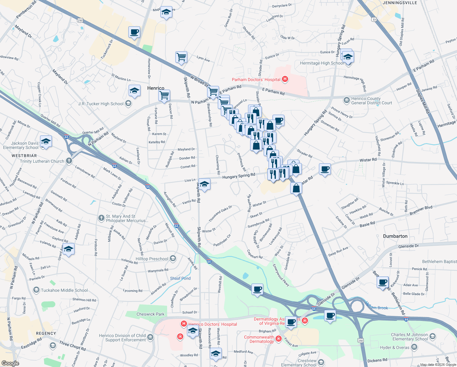 map of restaurants, bars, coffee shops, grocery stores, and more near 2402 Landon Road in Richmond