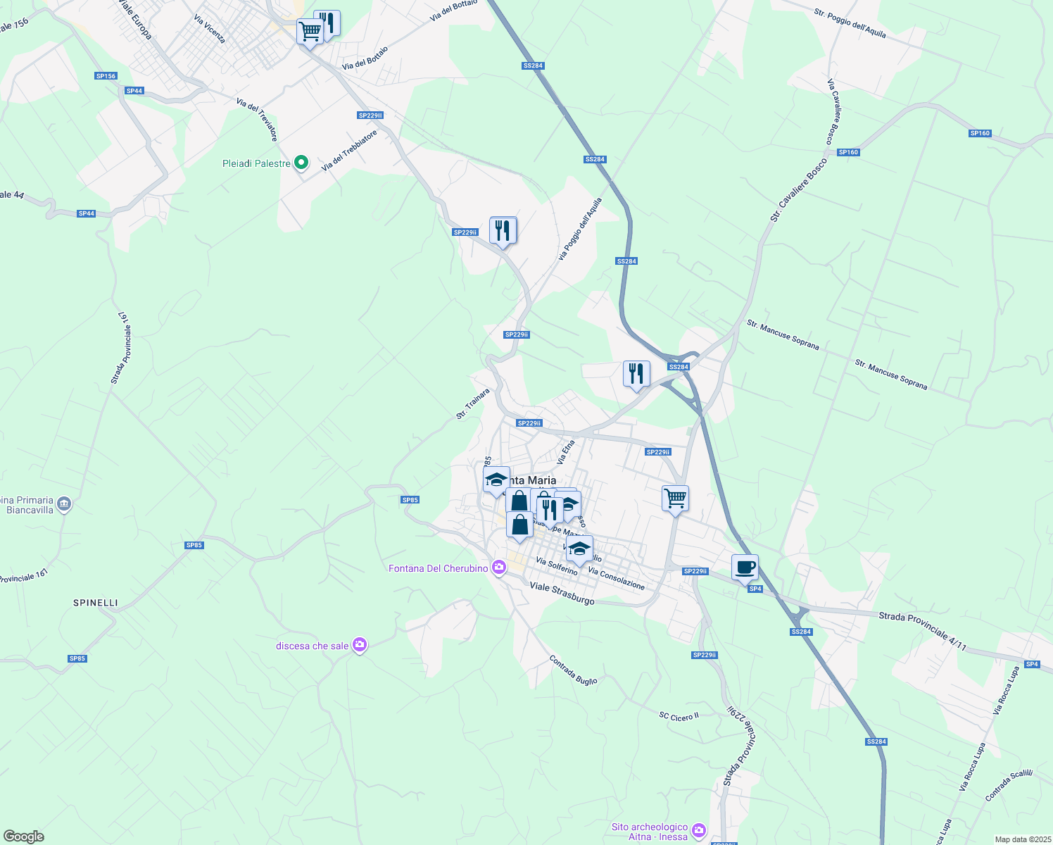 map of restaurants, bars, coffee shops, grocery stores, and more near 10 Via dello Stadio in Santa Maria di Licodia