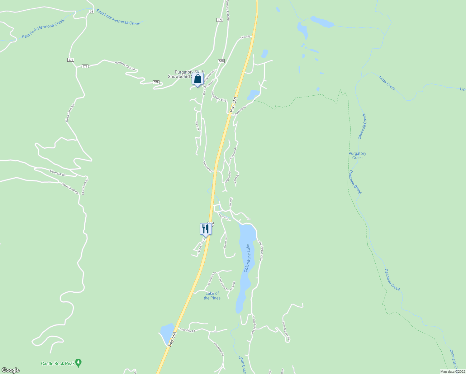 map of restaurants, bars, coffee shops, grocery stores, and more near 250 Sultan Drive in Durango