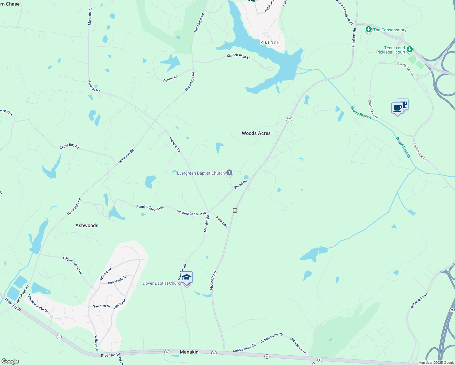 map of restaurants, bars, coffee shops, grocery stores, and more near 780 Snead Road in Manakin-Sabot