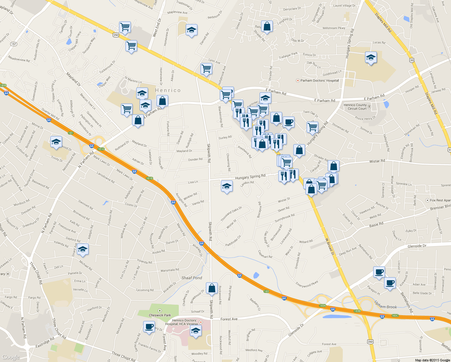 map of restaurants, bars, coffee shops, grocery stores, and more near 53 Skipwith Green Circle in Henrico