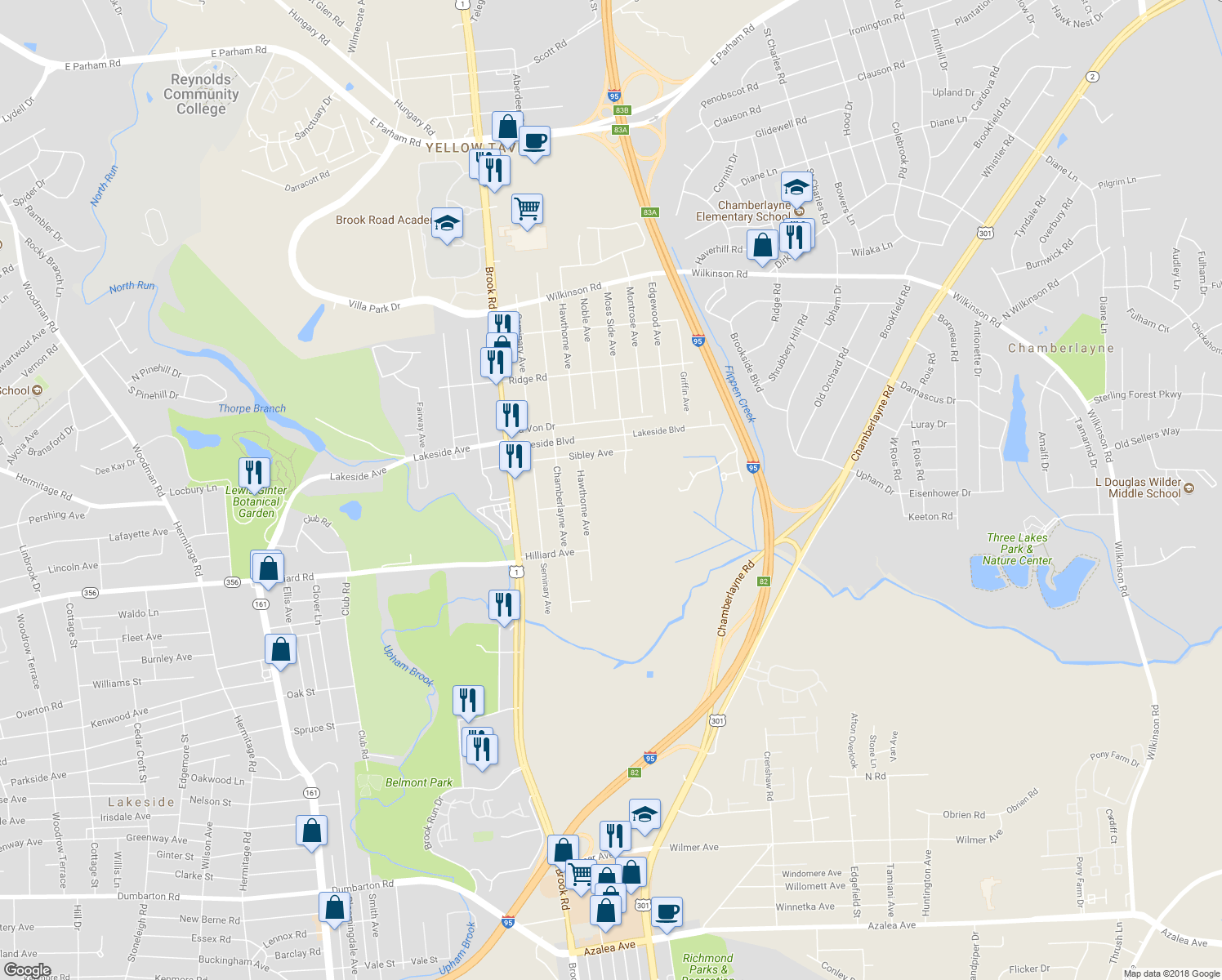 map of restaurants, bars, coffee shops, grocery stores, and more near 5607 Noble Avenue in Richmond