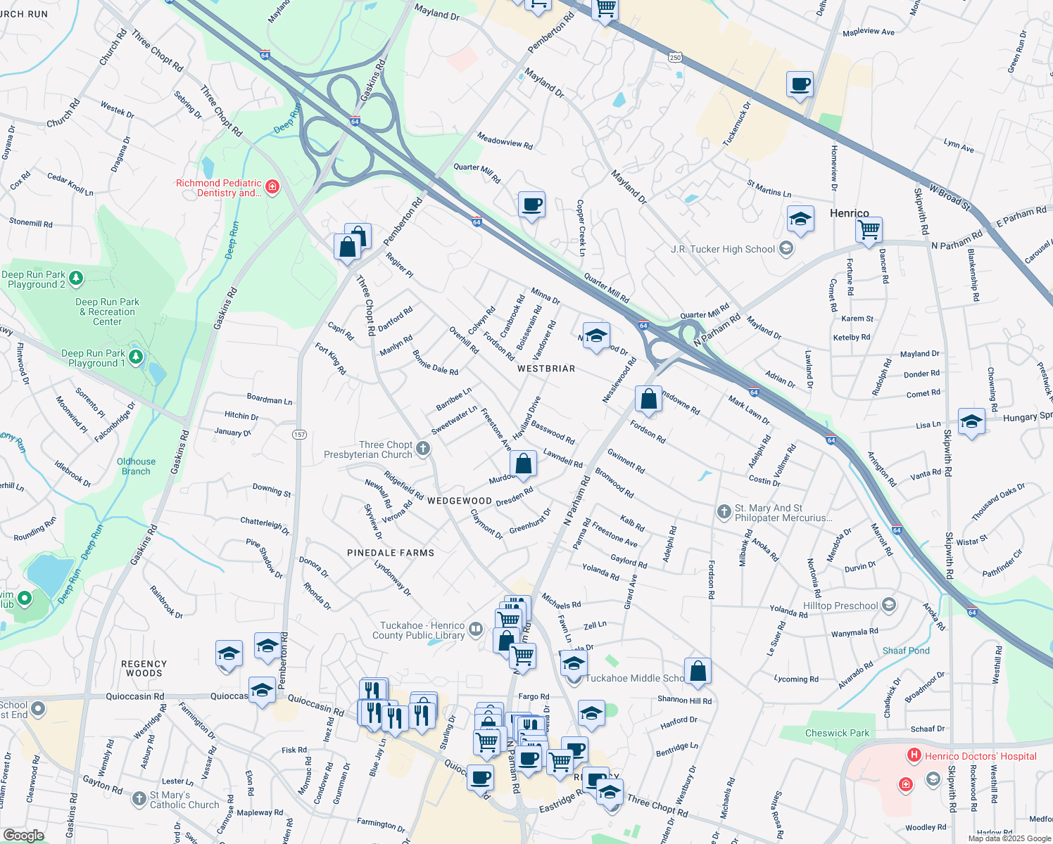 map of restaurants, bars, coffee shops, grocery stores, and more near 2106 Haviland Drive in Henrico