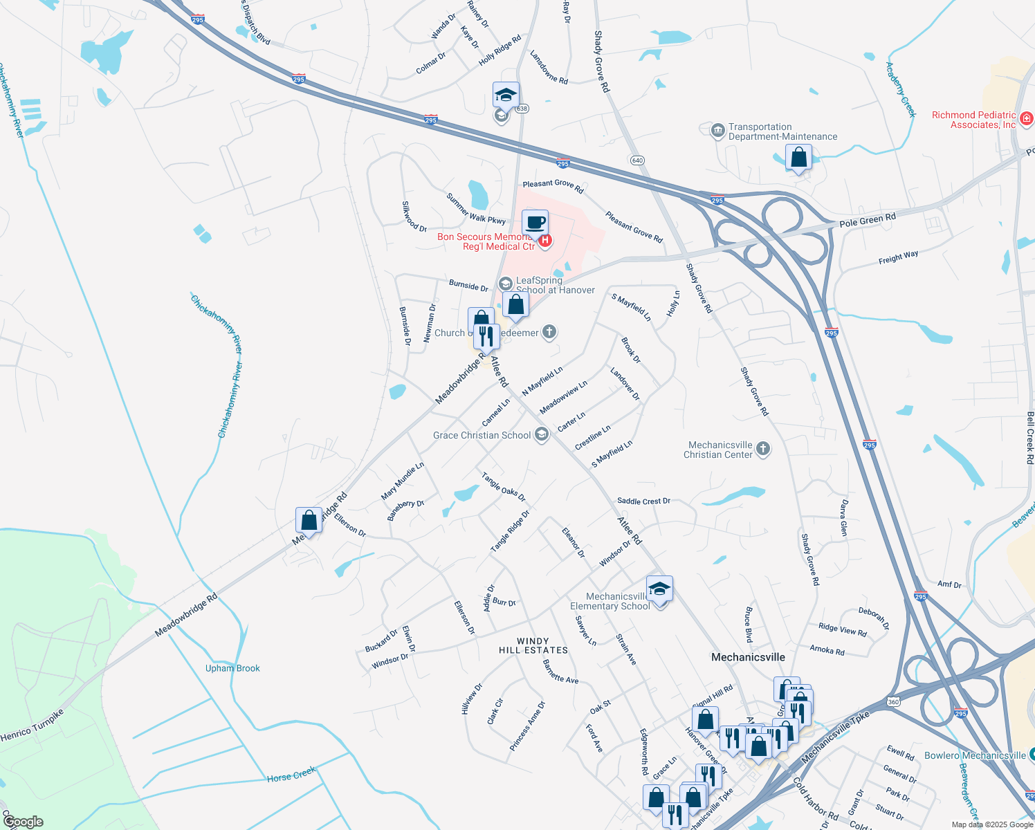 map of restaurants, bars, coffee shops, grocery stores, and more near 8107 Atlee Road in Mechanicsville