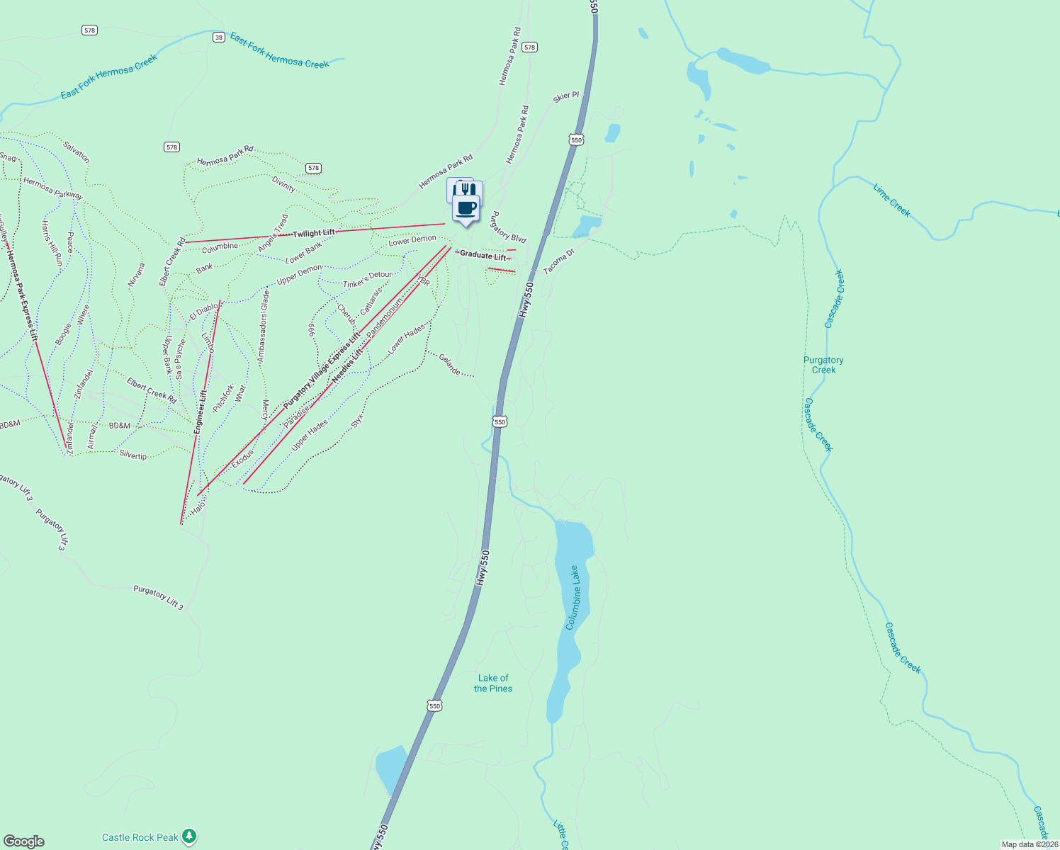 map of restaurants, bars, coffee shops, grocery stores, and more near 250 Sultan Drive in Durango