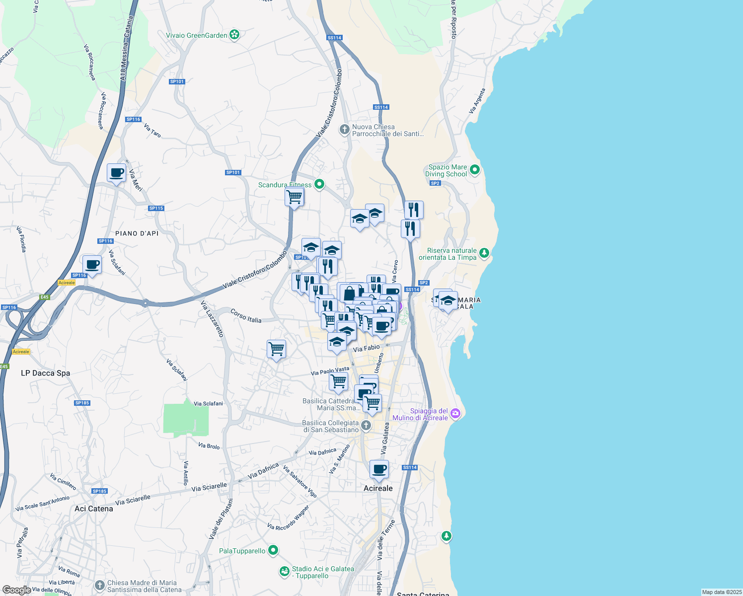 map of restaurants, bars, coffee shops, grocery stores, and more near 70 Viale Principe Amedeo in Acireale