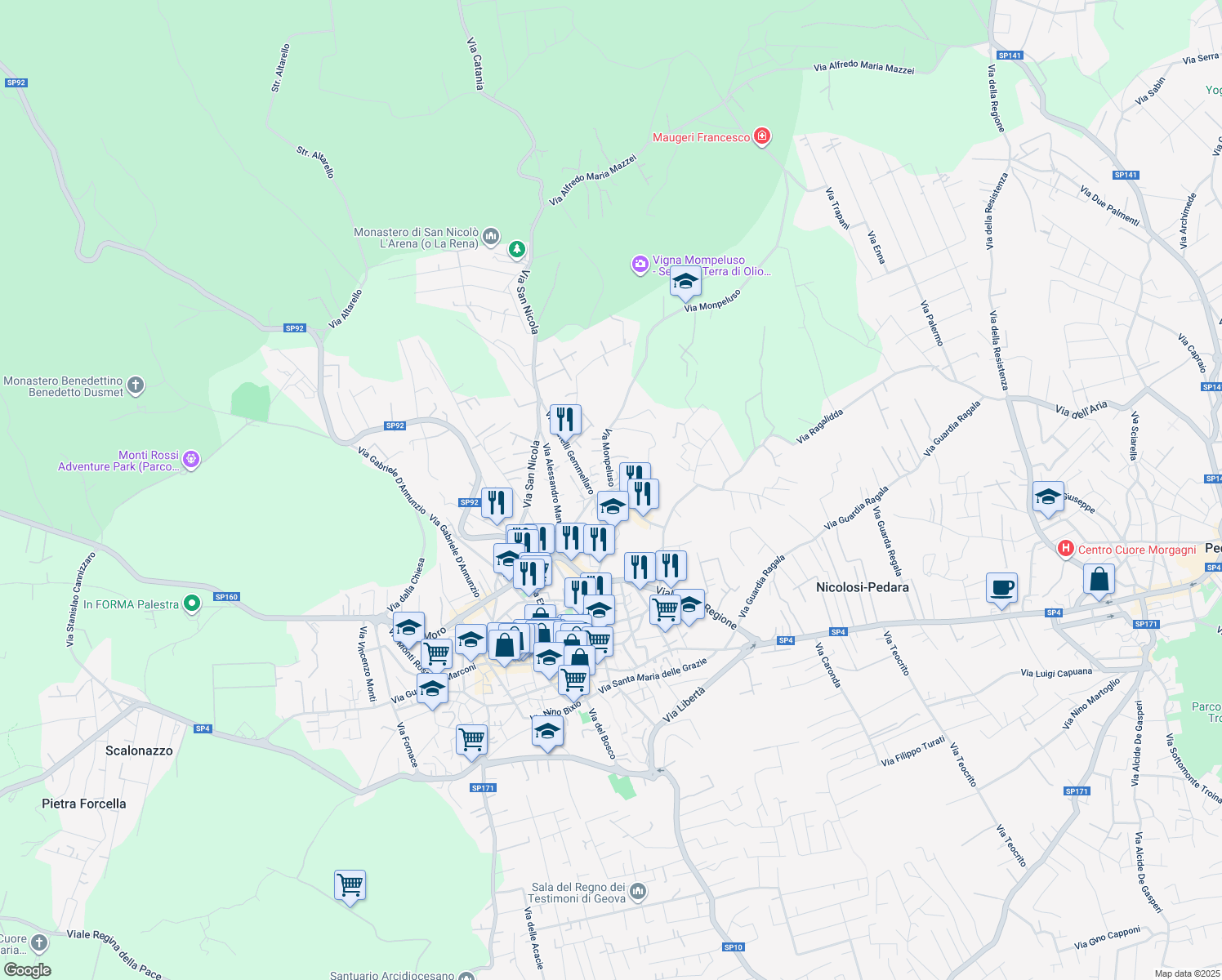 map of restaurants, bars, coffee shops, grocery stores, and more near 15 Via Monpeluso in Nicolosi