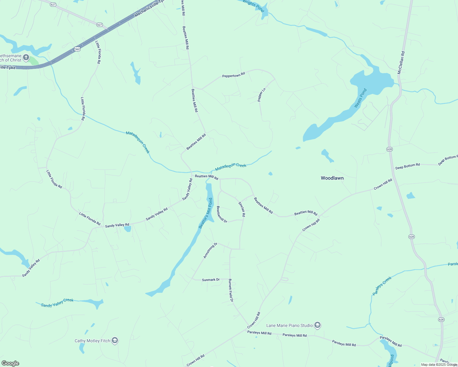 map of restaurants, bars, coffee shops, grocery stores, and more near 8267 Beatties Mill Road in Mechanicsville