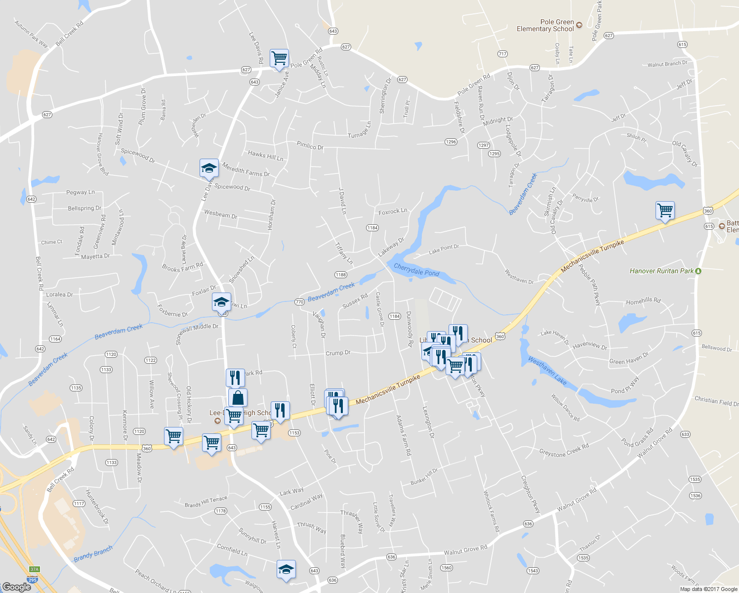 map of restaurants, bars, coffee shops, grocery stores, and more near 8086 Sussex Road in Mechanicsville